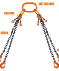 Rock Solid Heavy Hitter 4 Way Chain Lifting Sling With Grab Hooks 10 Feet Long 5/16 Inch Diameter includes lifting ring and shackles.