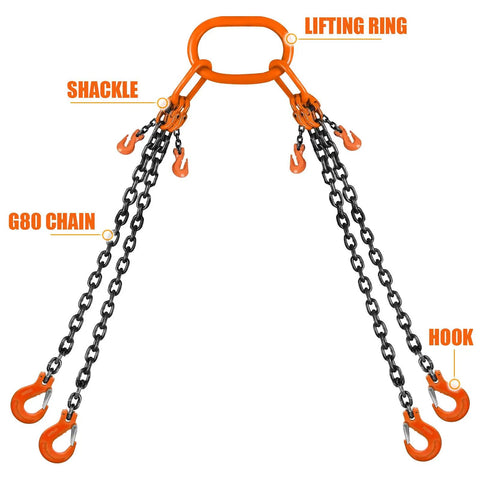 Rock Solid Heavy Hitter 4 Way Chain Lifting Sling With Grab Hooks 10 Feet Long 5/16 Inch Diameter includes lifting ring and shackles.