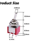 Product size diagram for Eight Pack DPDT Toggle Switches 6 Pin 2 Position On On Miniature Toggle Switches For Car Dash And Diy Electronics Projects 5A 125V 2A 250V Durable MTS202, metal toggle switch with 13 mm body