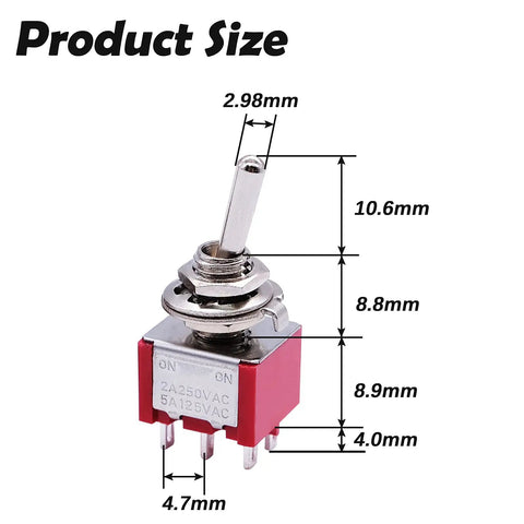 Product size diagram for Eight Pack DPDT Toggle Switches 6 Pin 2 Position On On Miniature Toggle Switches For Car Dash And Diy Electronics Projects 5A 125V 2A 250V Durable MTS202, metal toggle switch with 13 mm body