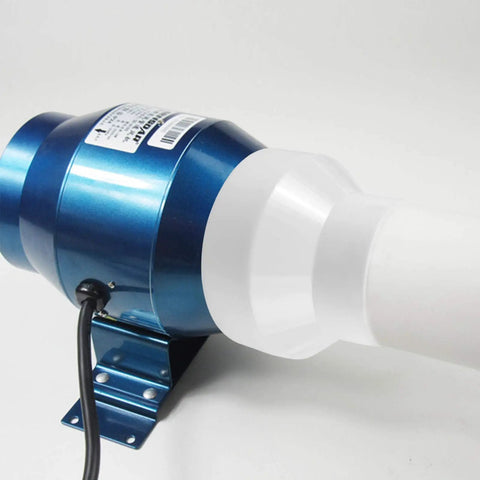 Close-up of a blue inline ventilation system featuring a Duct Reducer 6 Inch To 4 Inch Air Duct Adapter white PP plastic connector