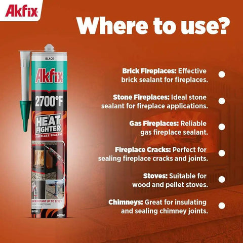 Akfix Heat Fighter fireplace sealant tube displays usage for different fireplaces, showing applications for brick, stone, and gas. Knockout Heat Resistant Fireplace Sealant Handles 2700 Degrees Like A Pro For Wood Stoves Chimneys Ovens Grills Quick Drying Non Flammable Black Caulk Bonds Porous Brick Concrete And Metal Surfaces Blocking Heat Damage Forever.