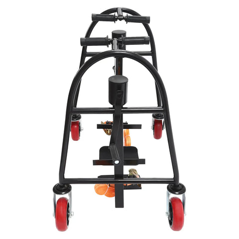 Pro Grade Heavy Duty Manual Furniture Movers With Sturdy Rolling Wheels 1300 Lb Load Capacity To Haul Appliances And Bulky Garage Gear Like Butter Without Breaking A Sweat seen from the front with red wheels and black frame.