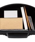 Interior view of Patriot Large Capacity Rust Proof Plastic Post Mount Mailbox in Black with packages and magazines inside.