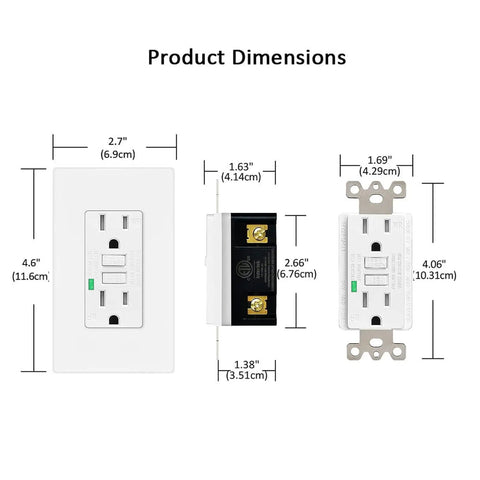 GFCI 15 Amp Weather Resistant Outlet Receptacle With LED Indicator Decorative Wall Plates Screws Included ETL Certified dimensions