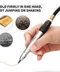 Top Tier Pneumatic Air Scribe and Engraving Pen Micro Die Grinder in hand etching designs on wood and metal surfaces.