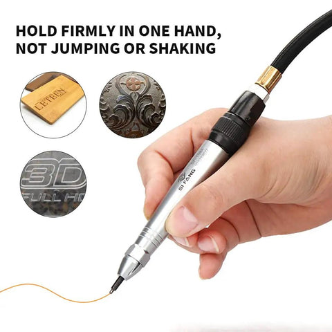Top Tier Pneumatic Air Scribe and Engraving Pen Micro Die Grinder in hand etching designs on wood and metal surfaces.