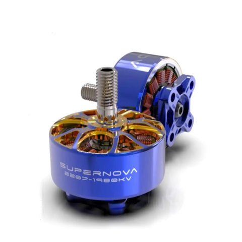 AOS Supernova 2207.5 Brushless Motor 1980KV 6S Lipo for FPV Freestyle shown in blue with hollow shaft