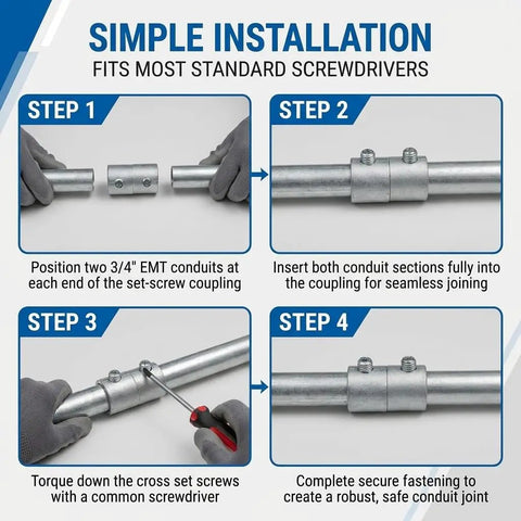 Step-by-step guide showing installation of 10 Pack 3/4 Inch Emt Couplings Set Screw Connectors for seamless joining.