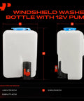 Top Shelf Universal Windshield Washer Pump And Fluid Reservoir Tank Bottle Kit With Slick 12 Volt Motor, side view with dimensions.