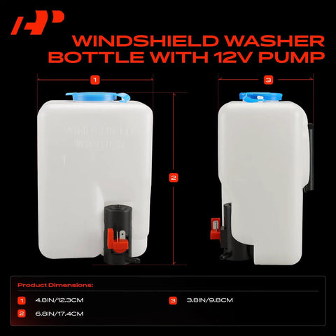 Top Shelf Universal Windshield Washer Pump And Fluid Reservoir Tank Bottle Kit With Slick 12 Volt Motor, side view with dimensions.