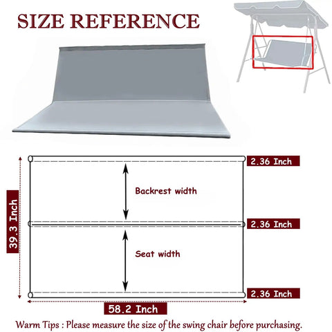 Heavy Duty Porch Swing Seat Cover Replacement For 2 To 3 Seater Chairs 680D Thickened Waterproof Oxford Fabric All Weather Outdoor Patio Bench Cover 58.2x19.7x19.7 Inches Gray with size reference and dimensions.