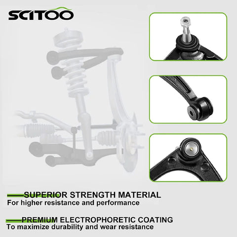 Front Suspension Kit For 2004-2012 Chevy Malibu And 2005-2010 Pontiac G6 And 2007-2009 Saturn Aura, Includes Front Lower Control Arms And Ball Joints For Driver And Passenger Sides, Complete Front End Assembly showing ball joints and control arm close-ups