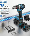 21V Brushless Cordless Drill Driver Kit With Dual Batteries And Quick Charge Station, Heavy Hitter 64.9 Nm Torque, 25 Plus 1 Clutch, 2 Speed Gears Ideal For Weekend Warrior Diy Furniture Builds on a work surface.