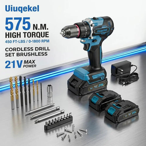 21V Brushless Cordless Drill Driver Kit With Dual Batteries And Quick Charge Station, Heavy Hitter 64.9 Nm Torque, 25 Plus 1 Clutch, 2 Speed Gears Ideal For Weekend Warrior Diy Furniture Builds on a work surface.