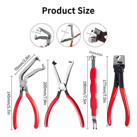 4 Piece Automotive Electrical Disconnect Pliers Kit With High Carbon Steel Connector Pliers Straight And 60 Degree Tips Hose Clamp Pliers 18 Pin Fuel Line Repair Set In Storage Box showing various pliers with dimensions labeled