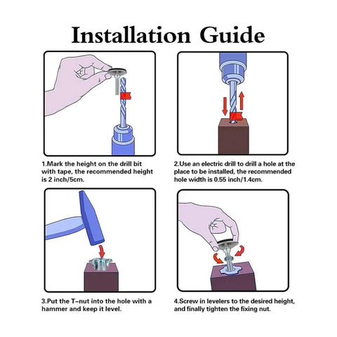 Installation guide for Heavy Duty Swivel Adjustable Leveling Feet With T Nut Bolt, showing step-by-step assembly instructions.