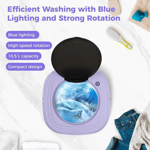 Compact Mini Washing Machine With 10 Point Five Liter Capacity And Foldable Travel Build Featuring Smooth Touch Controls shown with blue lighting.