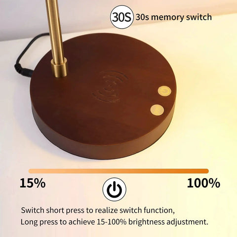 LED Wood Grain Desk Lamp With Wireless Charger And USB Port for home office, touch control buttons on base