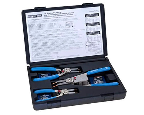 Retaining Ring Plier Set 15 90 Degree Convertible 3 Piece Kit For Bore Diameters 1/4 To 4 Inches in open black case
