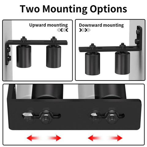 2 Inch Black Heavy Duty Beefy Sliding Gate Rollers Set 2 Pack with L Rear Post Bracket showing upward and downward mounting options