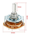 Beefy 2 Pole 5 Position Rotary Switch with 6mm shaft, 9mm thread, single deck, showing dimensions 31mm x 38mm x 14mm