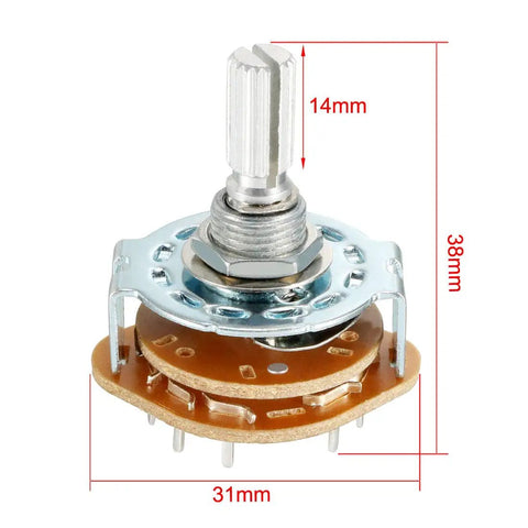 Beefy 2 Pole 5 Position Rotary Switch with 6mm shaft, 9mm thread, single deck, showing dimensions 31mm x 38mm x 14mm