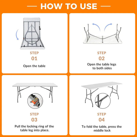 Instruction steps to set up a 6 Ft Folding Table Outdoor Indoor Plastic Square Dining Table Portable No Assembly Easy Setup