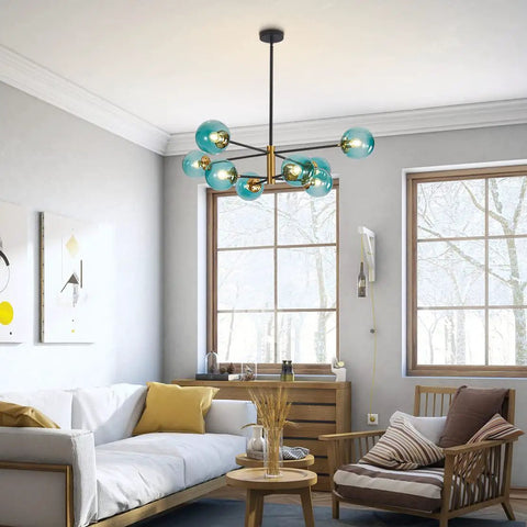 Blue Glass Globe Sputnik Chandelier 8 Light Modern Pendant Fixture For Dining Room Living Room Island Kitchen And Bedroom With Mid Century Vibe And Metal Frame