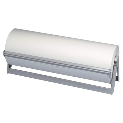 Legit White Newsprint Packing Paper Roll 12 X 1440 Ft for moving day in a durable metal dispenser.
