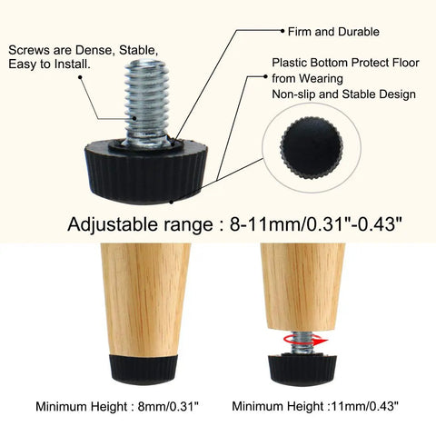 Adjustable Leveling Feet M6 Thread 16mm Height 10 Pack Floor Protectors with scratch resistant pads on wooden furniture legs.