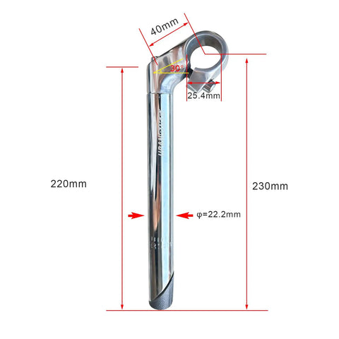 Aluminum Gooseneck Bike Stem For 22.2mm Fork Tubes And 25.4mm Handlebar Clamp, Length Options 220mm, Rise 30 Degrees, Silver