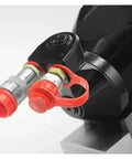Close-up of hydraulic connections on Heavy Gauge Hydraulic Torque Wrench With Slick Uni Swivel Hose and Rugged Alloy Frame.
