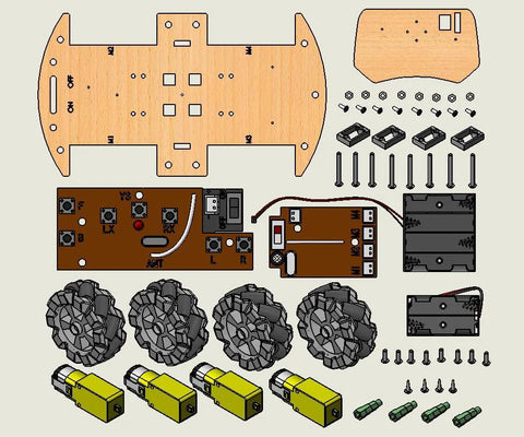 DIY 4WD RC Car STEM Kit components including mecanum wheels