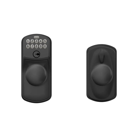 Front view of Plymouth Keypad Lock No Keys Needed With Lever Handle Electronic Keyless Entry And Auto Lock Matte Black Finish Flex Lock Option.