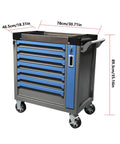 7 Drawer Rolling Tool Cart With Wheels For Warehouse And Workshop, Mobile Tool Chest And Cabinet, Self Locking Anti Tip Toolbox Organizer, Built Tough Steel Construction, Large Capacity Organization On The Go. Blue and black cart with measurements.
