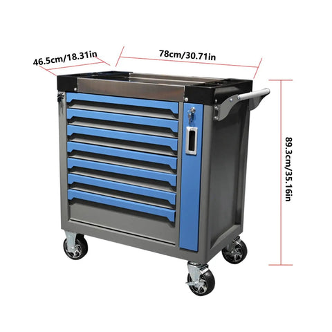 7 Drawer Rolling Tool Cart With Wheels For Warehouse And Workshop, Mobile Tool Chest And Cabinet, Self Locking Anti Tip Toolbox Organizer, Built Tough Steel Construction, Large Capacity Organization On The Go. Blue and black cart with measurements.