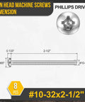 Standard 10-32 Phillips Pan Head Machine Screws, 304 Stainless Steel, 2-1/2 Inch Length, dimensions showing screw details.