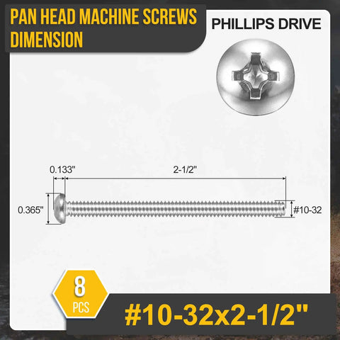 Standard 10-32 Phillips Pan Head Machine Screws, 304 Stainless Steel, 2-1/2 Inch Length, dimensions showing screw details.