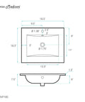 Diagram of 18 Inch Ceramic Square Vanity Sink Top With Integrated Bowl, Top Mount Install, Scratch Resistant Non Porous Ceramic