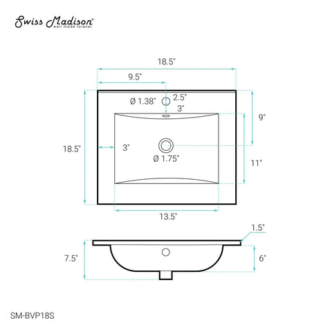 Diagram of 18 Inch Ceramic Square Vanity Sink Top With Integrated Bowl, Top Mount Install, Scratch Resistant Non Porous Ceramic