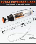 Front view of H-veenjor 200 CC automotive fluid extractor pump with extra 32-inch soft hose and two 9-inch tubes