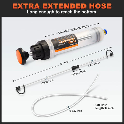 Front view of H-veenjor 200 CC automotive fluid extractor pump with extra 32-inch soft hose and two 9-inch tubes