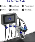 Smooth Operator Inline Industrial Inkjet Printer With Smart Touch Panel components including print head, power cord, data cable, and brackets.