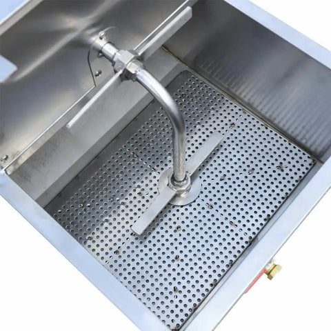 Mobile Fryer Oil Filter System Built Dead Serious With 304 Stainless Steel And Smooth Electric Filtration Machine On Rolling Cart For Straight Up Easy Cleanup Of Deep Fryers With 110V Power showing the interior with perforated base and filtration pipe.