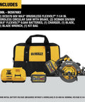 FlexVolt 60V Max Cordless Circular Saw With Brake, kit includes charger, 9.0Ah battery, and carrying bag.