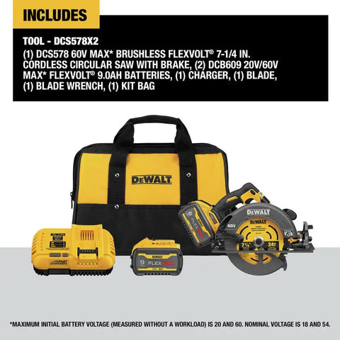 FlexVolt 60V Max Cordless Circular Saw With Brake, kit includes charger, 9.0Ah battery, and carrying bag.
