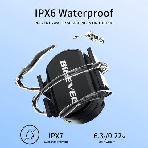 Cadence and Speed Sensor for Cycling With Dual Mode RPM Tracking, Wireless Bluetooth and ANT Plus Connectivity, shown IPX6 waterproof