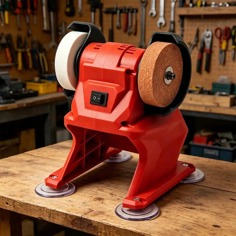 Badass Performance Compact 21V Cordless Bench Grinder With Coarse Plus Fine Dual Wheels for grinding and finishing.