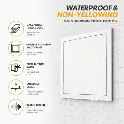 Heavy Duty Aluminum Access Panel Slick Flush Drywall Cover with waterproof features, showcased on a tiled wall.